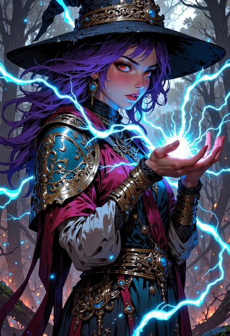 Image is an extreme close up digital fantasy artwork featuring a female mage character practicing  lighting magic. She has pale skin with bright purple hair with blue highlights. Her red eyes sparking with lightning magic. She's wearing a beautifully designed robe with a large witches hat. Her hands is a bolt of lightning. The background is of a dark field, charred forest, barren land.