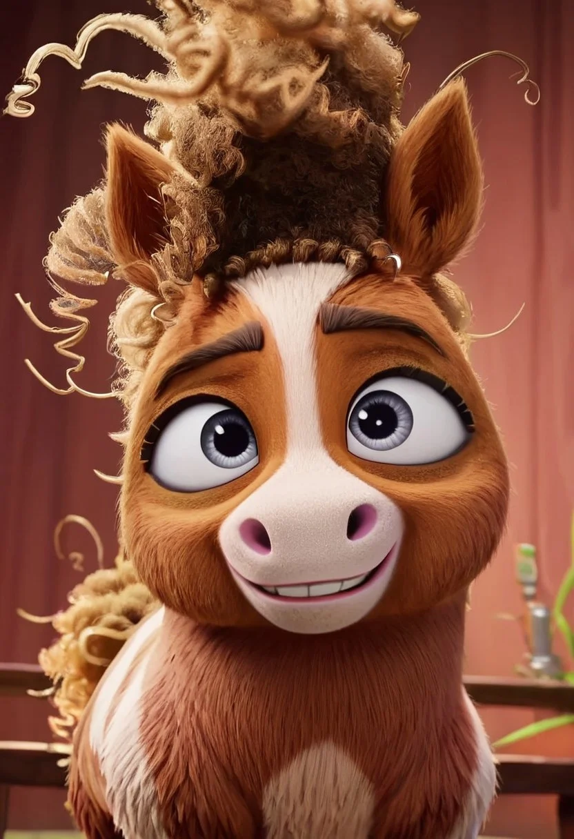 thelma pony, 1girl, small pony, short body, female pony, grey eyes, two-toned fur, brown and white fur, white line of fur in middle of face, brown hair, curly hair, brown tail, curly tail, feral, score_8_up, score_7_up, BREAK, 1girl, solo, looking at viewer, cute, smiling, smug, from below, female focus, looking at viewer, detailed background, 4k, masterpiece, best quality, highly detailed, 3d, full shot, realistic, 3d,