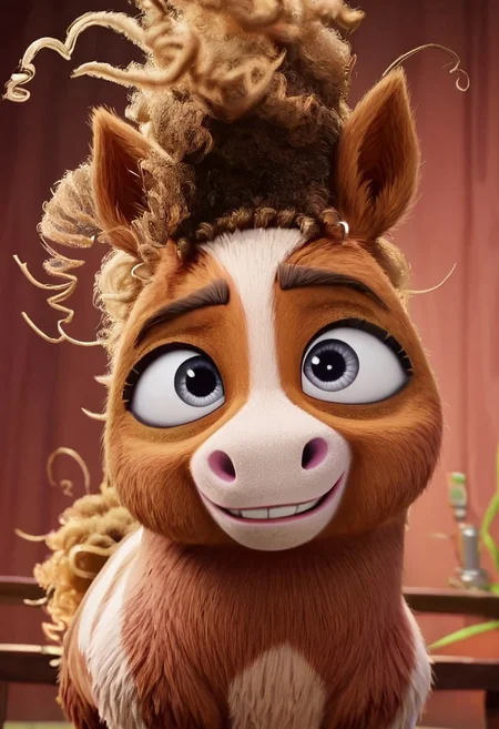 thelma pony, 1girl, small pony, short body, female pony, grey eyes, two-toned fur, brown and white fur, white line of fur in middle of face, brown hair, curly hair, brown tail, curly tail, feral, score_8_up, score_7_up, BREAK, 1girl, solo, looking at viewer, cute, smiling, smug, from below, female focus, looking at viewer, detailed background, 4k, masterpiece, best quality, highly detailed, 3d, full shot, realistic, 3d,