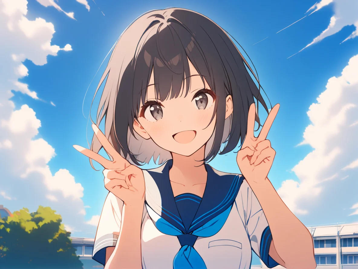 1girl, 
solo, outdoors, shirt, looking at viewer, double v, serafuku, black hair, blue sailor collar, sailor collar, blue sky, open mouth, short sleeves, short hair, black eyes, smile, :d, day, v, cloud, school uniform, upper body, white shirt, sky, 
masterpiece, best quality,  safe
 <lora:mki-ani31-TMND-v2-000050:1>