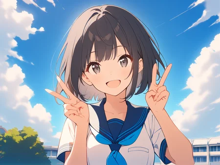 1girl,
solo, outdoors, shirt, looking at viewer, double v, serafuku, black hair, blue sailor collar, sailor collar, blue sky, open mouth, short sleeves, short hair, black eyes, smile, :d, day, v, cloud, school uniform, upper body, white shirt, sky,
masterpiece, best quality, safe
<lora:mki-ani31-TMND-v2-000050:1>