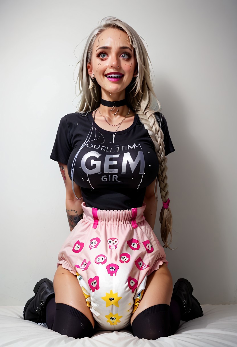 score_9,score_8_up,score_7_up,score_6_up, no smile, closeup headshot, from behind, 1girl, thin waist, (platinum blonde hair:1.5), floating hair, (extra long hair:1.6), kneeling, piercings, necklace, choker, black t-shirt, gamer girl, nerd, realistic, photo, looking up at viewer, (bangs:1.2), round ass, oiled, (extremely detailed face and eyes:1.2), purple lipstick, (tiny pink training bra:1.5), star printed bra, plain white background, shirt pulled up over tits, bare tits, pretty girl, (giant breasts:1.5), (wet breasts:1.2), abdl_romper, patterned romper, black and pink romper, (diaper under romper:1.6), snap crotch, urine in diaper, petite, proud smile, embarrassed, surprised, laughing, blushing full body shot, vibrant colors, good girl, exhausted, submissive dominance, emotional, genteel, proud sub, print bra, print diaper, perfectly round breasts, freckles, seductive, tongue out, black military boots, boots, purple eyeshadow, (pigtail braids with many pink ribbons:1.5), soft features, round face, (young:1.2), (black bonnet:1.3), skull and bones, (pink garter thigh highs:1.3), (multiple tattoos:1.6), full body tattoo, leg tattoos, high contrast, shallow depth of field, spotlight, backlighting, bloom. (ritual circle:1.8), magic circle, many candles.