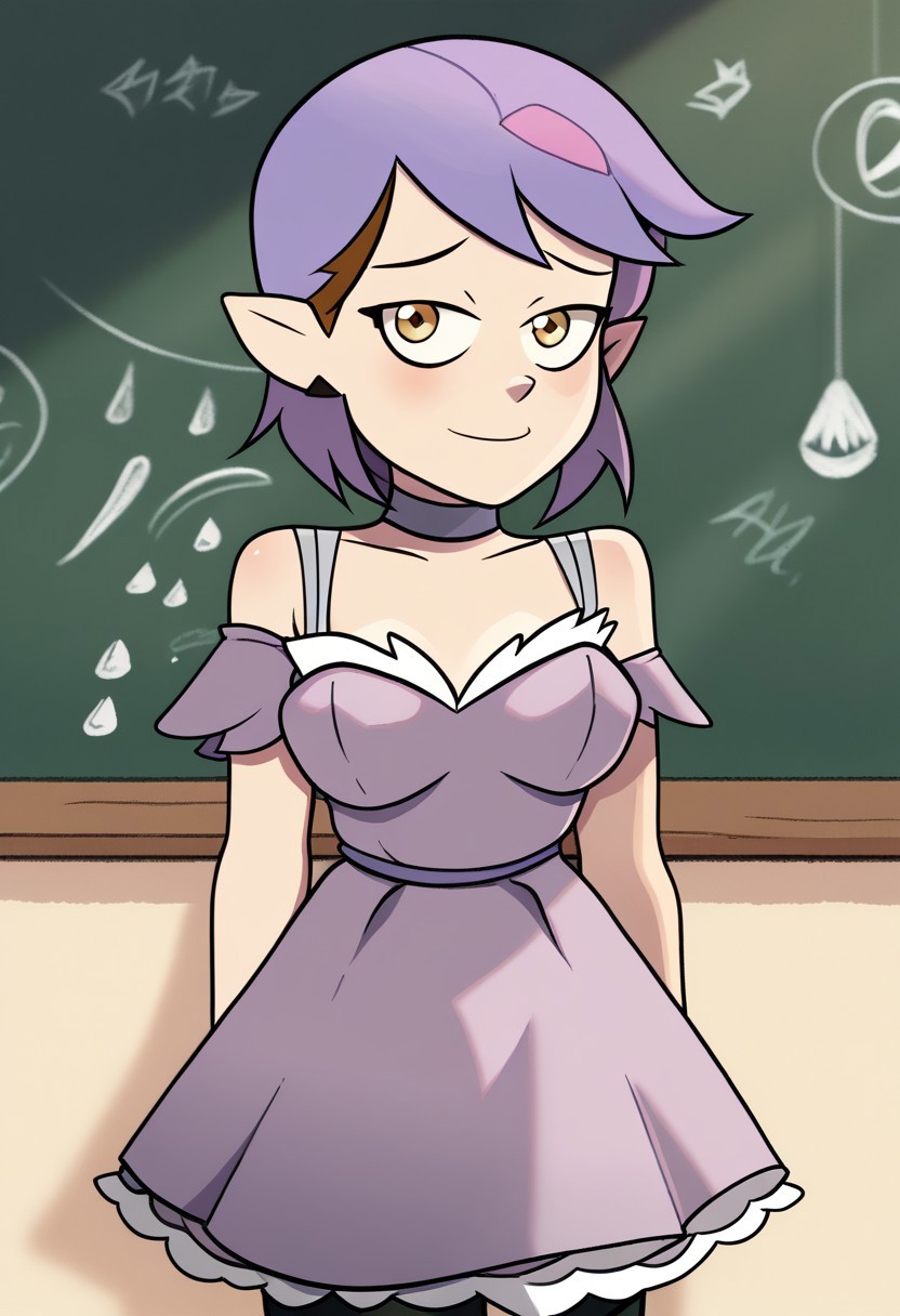 deadinsidestyle, chap, 1girl, solo, in front of black board, frilled_dress,