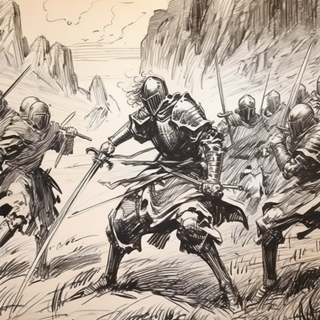 drawix6 young warrior with a sword on the battlefield with fighting knights in the background, black ink <lora:drawix6:1>