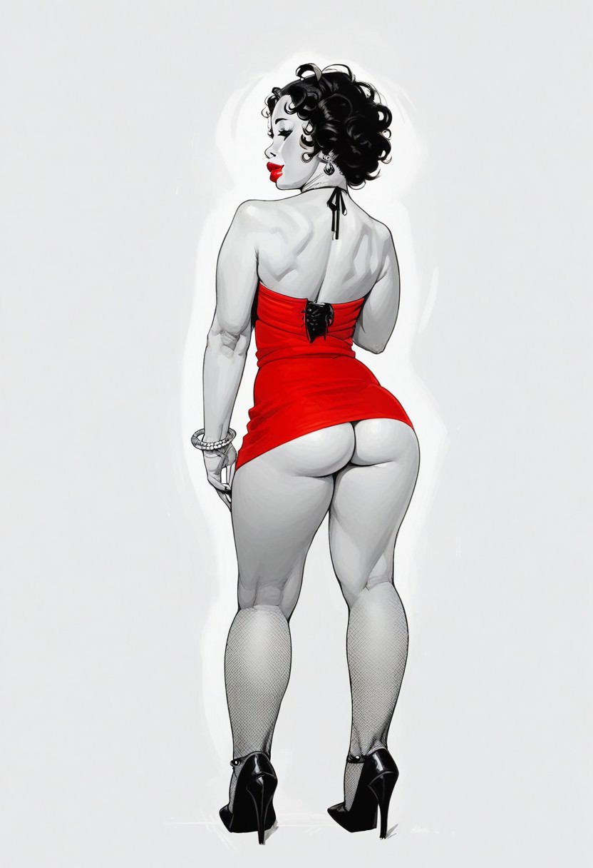 score_9, score_8_up, score_7_up, 1girl,  narrow waist, seductive expression, thick lips, athletic, toned thighs,  arched back,  dark eyes, from behind, ass,
/, monochrome background, thigh gap, 
/, standing, in city, 
/, BettyB00p, Red Dress, fishnets, high heels, curly hair, jewellery,