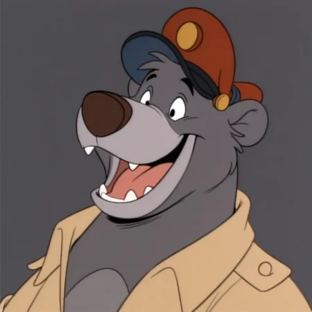 masterpiece, best quality, amazing quality, baloots, male, furry male, anthro, solo, sloth bear, grey fur, two tone fur, grey muzzle, brown nose, black eyes, claws, brown shirt, red pilot cap, smile, open mouth, teeth, portrait, grey background