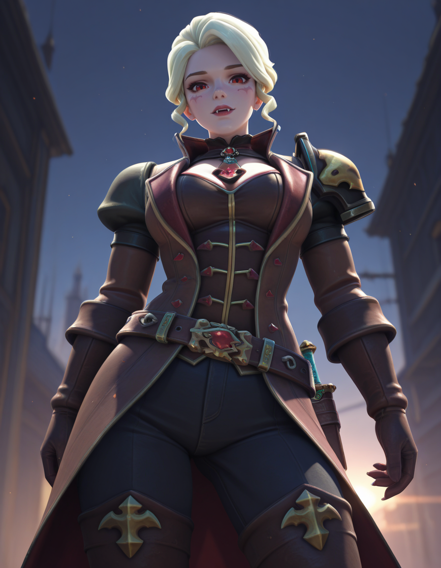 score_9,score_8_up, score_7_up, high-res, 2k, best quality, 2.5d, 1girl,  vampire hunter brig, brigitte (overwatch) <lora:Vampire_brig_illus-000037:1>   Slowly turning around to face someone else
