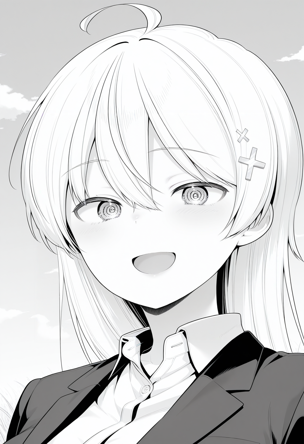 monochrome, greyscale, hiwamura_hiyori, @_@, ahoge, grey eyes, white hair, long hair,  cross hair ornament, suit, jacket, collared shirt, pencil skirt, <lora:hiwamura_hiyori_illustrious_ver1:0.8>
smile,, masterpiece, best quality, general,, 1girl, solo, (field:1.2), (blue sky:1.2), looking at viewer,, (upper body:1.2), (close-up:1.2), (facing viewer:1.2), (open eyes:1.4), (portrait:1.2)
