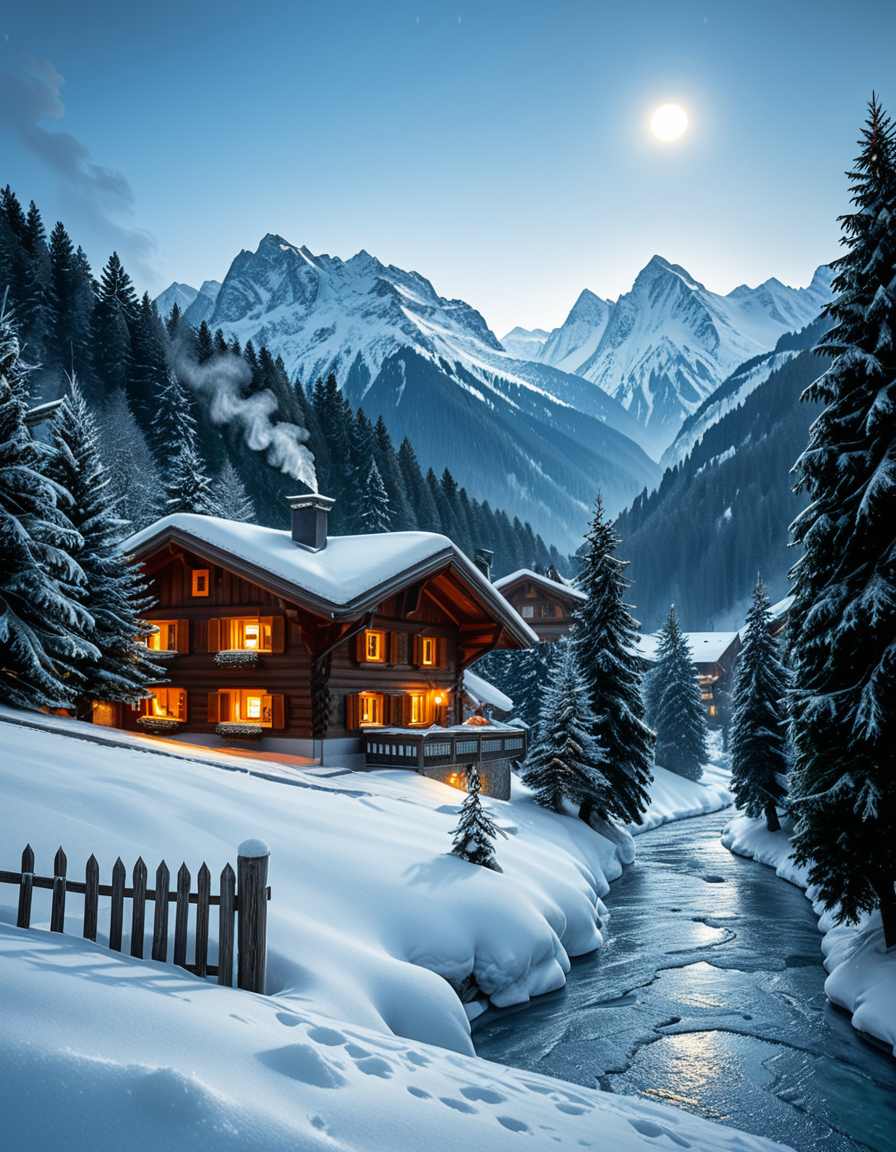 A stunning winter scene in the Tyrol region of Austria. A charming wooden chalet with traditional alpine architecture stands on a gentle snow-covered slope, surrounded by dense evergreen forests blanketed in fresh snow. The chaletâs warm interior lights glow softly through its large windows, creating a cozy contrast against the cool twilight hues of the sky. A plume of smoke drifts from the chimney, hinting at a roaring fireplace inside. In the foreground, a small wooden fence is partially buried under the snow, while a frozen river winds through the valley, reflecting the moonlight. Towering, snow-capped peaks of the Austrian Alps dominate the background, adding a breathtaking sense of grandeur. Snowflakes gently fall, adding movement and depth to the peaceful, picturesque scene. The image is hyper-realistic, capturing the intricate textures of the wood, snow, and ice, with cinematic lighting that highlights the magical winter ambiance.
<lora:SDXLFaeTastic2400:0.4> <lora:extremely_detailed:0.4> extremely detailed,<lora:winter_scene_in_the_Tyr0l:1>,winter scene in the Tyr0l, Masterpiece,best quality,hi res,8k,hi res,8k,award winning,(sharp focus, intricate, highly detailed),