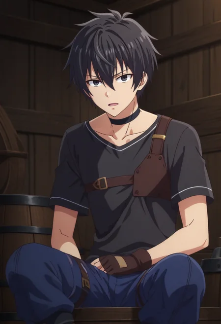 score_9, score_8_up, score_7_up,source_anime,BREAK, rating_safe, intricate details , , , anime screencap, anime coloring, official style, amazing quality, depth of field,1boy, solo, male focus , , ,  <lora:Suzaki:0.88>, setsu suzaki,black hair,black eyes,short hair,looking at viewer,open mouth, shirt, gloves, hair between eyes, sitting, collarbone, short sleeves, boots, black gloves, choker, pants, fingerless gloves, black shirt, black choker, brown gloves, blue pants, barrel,from below , , , <lora:sdxl_lightning_8step_lora_315544:1>