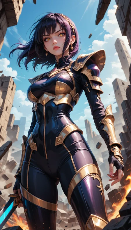 score_9, score_8_up, score_7_up, Portrait, girl, spacepunk knightgirl with a stern look, holding a weapon, jumping, character design inspired by Yoji Shinkawa and Tsutomu Nihei, black|yellow, battle-worn armored and elegant, rubble background, 4n1v3rs3, depth of field, dynamic angle, fashion photography, sharp, hyperdetailed:1.15
