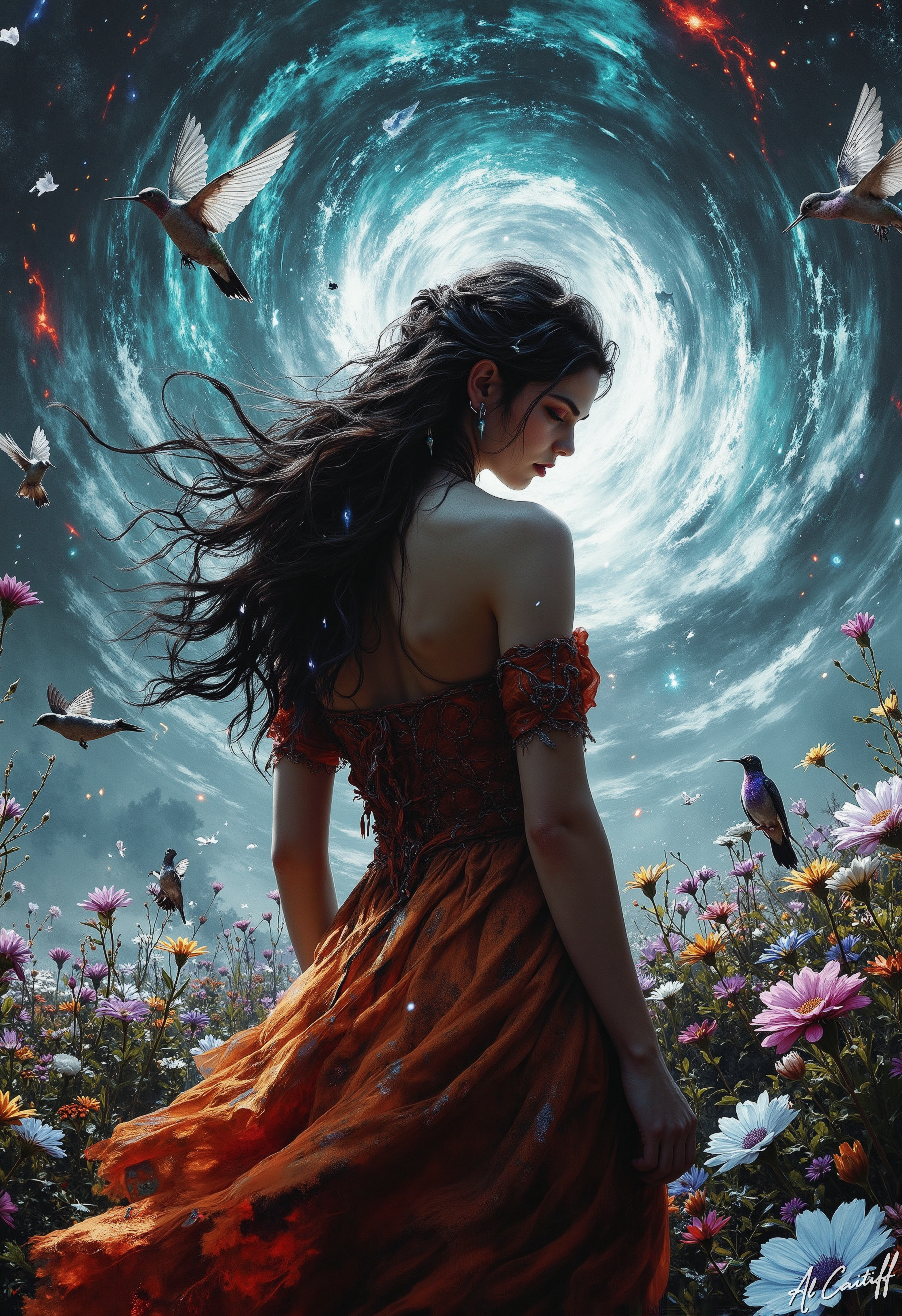 Reality bends in this electrifying tableauâa 28mm fisheye lens warps the world into a swirling dreamscape, the Dutch tilt yanking the horizon into delirium. A woman with raven-black hair and piercing lavender eyes stands at the vortex, her burnt sienna gown rippling as if caught in an unseen storm. Three iridescent hummingbirdsâglowing like fractured prismsâcling to her shoulders, while silver doves slash through the air above her, wings a frenzied blur of motion. The very atmosphere pulses around her: flowers smear into neon streaks, the sky bleeds turquoise and crimson, and the depth of field pulls focus like a feverish gasp. Her eyes are closed, serene, as if she alone remains still in this maelstrom of color and distortionâa goddess unraveling the seams of perception., fg<lora:CustomFlux/MysticFantasy.safetensors:0.5000000000000001:0.5000000000000001> <lora:Flux/Stylized-Super-Texture.safetensors:1.0000000000000002:1.0000000000000002>