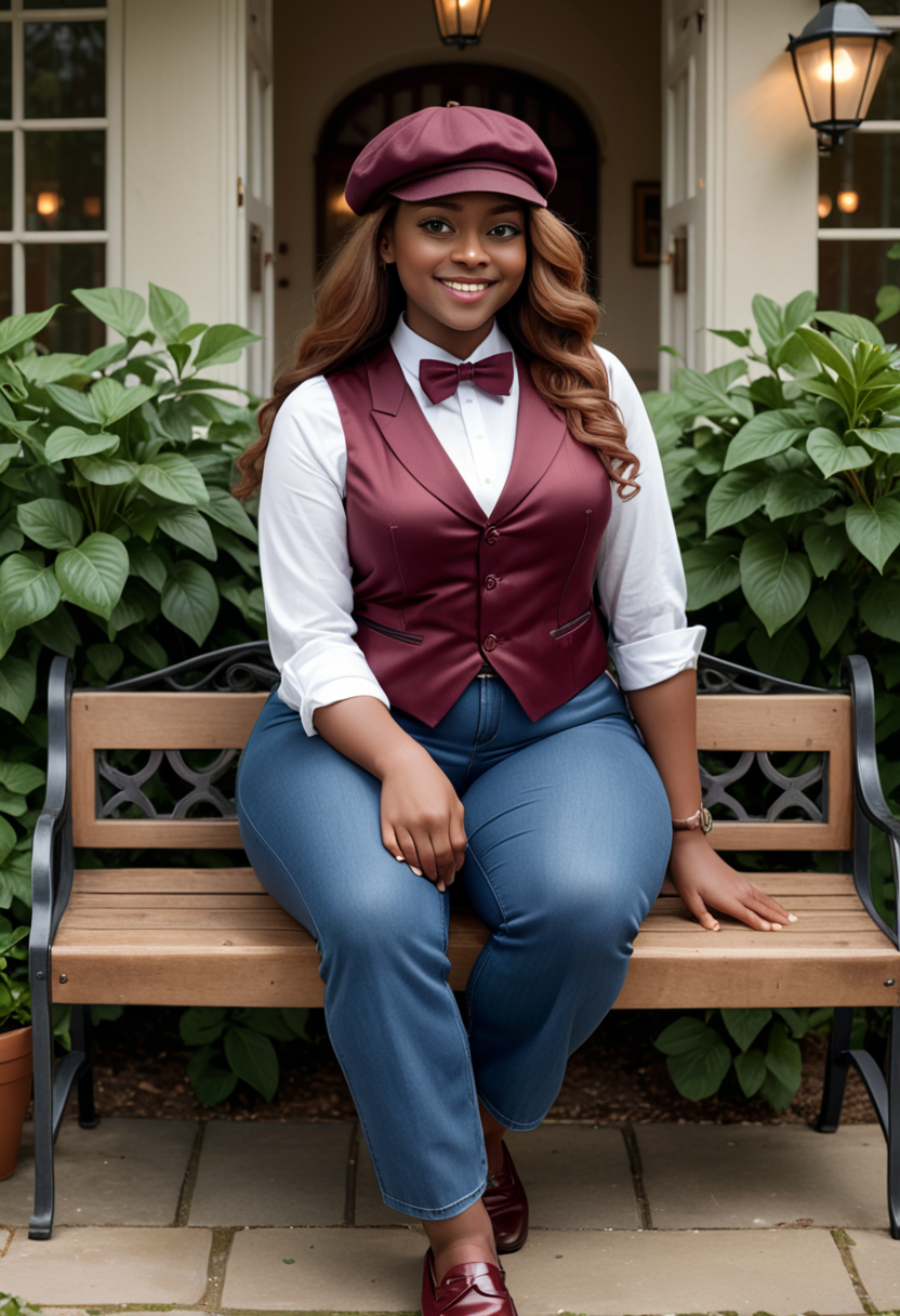 (medium full shot) of (classy dapper young gentlewoman, voluptuous build, extra long hazel hair), african, dark skin, black eyes, wearing a newsboy cap, burgundy silk vest, slim-fit jeans, designer loafers, bow tie, tie clip carrying a elegant satchel, set in  a tranquil country manor, featuring a sunlit conservatory, a wrought iron daybed, potted plants, a quaint wooden bench, at night, woman smiling, ,Masterpiece,best quality, raw photo, realistic, very aesthetic