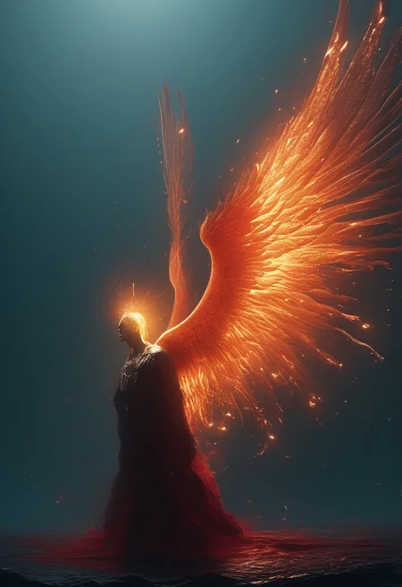 A wounded angel with majestic wings, stained with blood, bowing down in a sea of darkness, with fiery sparks swirling around. CINE