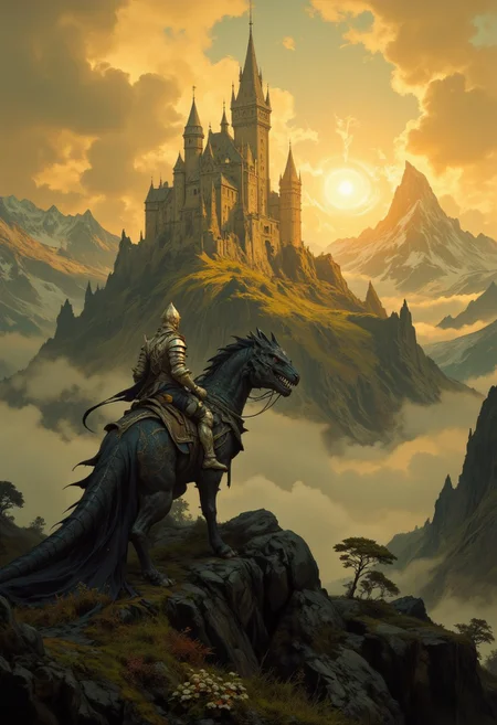 8k high quality digital painting , masterpiece, very detailed, ultra realistic, (best quality) very detailed epic masterpiece,
unearthly beautiful, a breathtakingly beautiful landscape in the French Alps, in the foreground a shiny knight riding on a black dinosaur-like dragon watches a beautiful castle in the distance, the low yellow sun casts long shadows, breathtaking light effects by the sun, enchanting landscape, fairytale-like, calm mood, flowers in the foreground, realistic