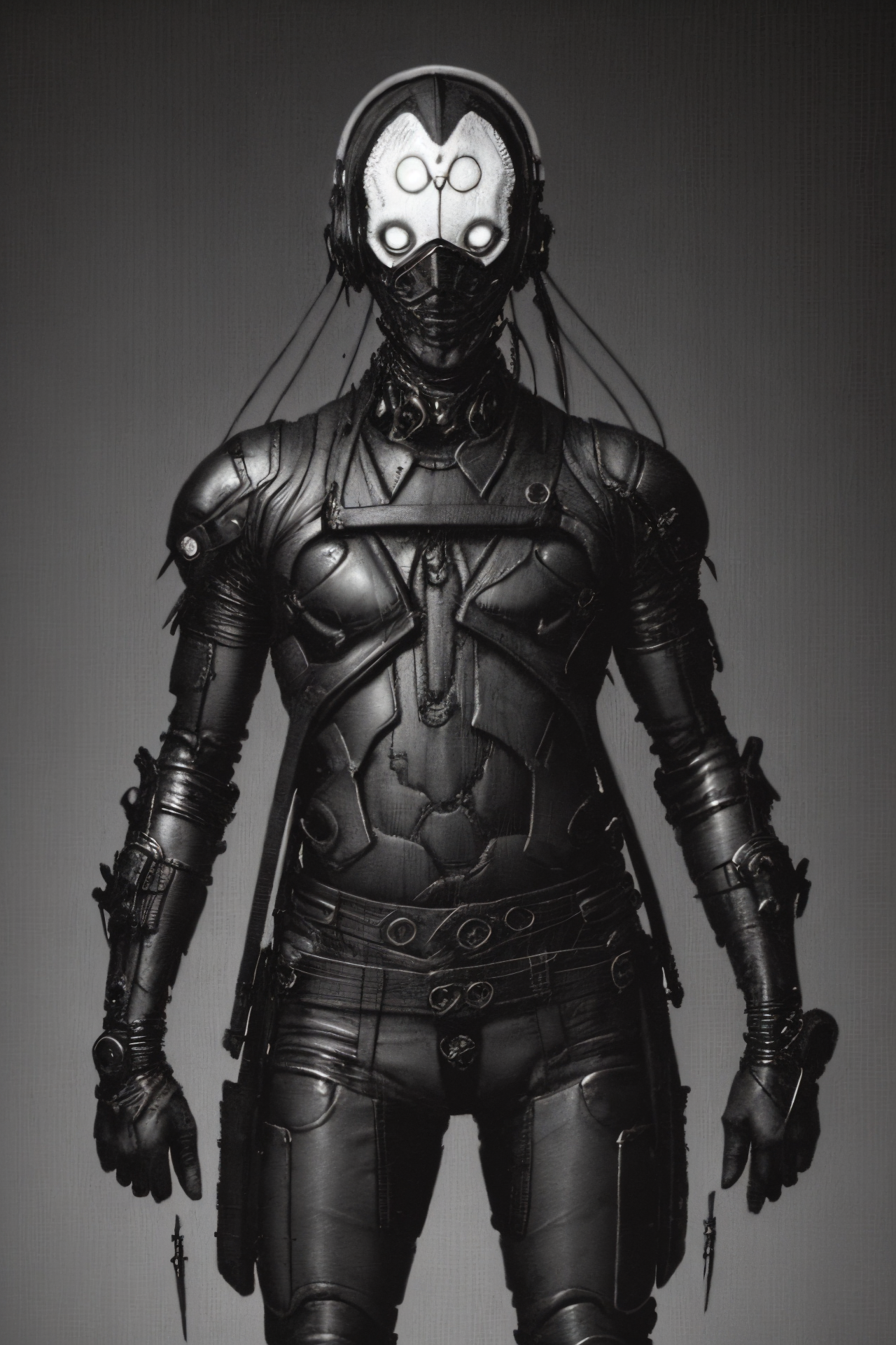 (humanoid with a white synthetic skin face full of cybernetic implants), (black leather futuristic cybernetic suit:1.8), (sword fighting pose, swinging sword:1.7), (thick dark leather coat with neck cover:1.3), (cross tattoo only on forehead:1.3), 1guy, blue sky, cloud, collarbone (looking at viewer and smiling:1.2), (white reflective eyes:1.1), sky, solo, upper body, ((masterpiece)), (smirk512:1.3), (synth goth cyber armor with metal plates:1.3), (thick stretched neck guard made out of body pipes:1.2), <lora:epiNoiseoffset_v2:1>, (masterpiece), (best quality), (high resolution), hyper detailed, detailed_background, cables, dim light, vast, space age architecture, communism architecture, Bauhaus, (dimly lit pale eyes:1.4), (head tattoos:1.8), (military armored jacket:1.3)
OrganicBiomArt, <lora:bodhor:0.4> <lora:Blame!:1>
((environment falling apart)), (catastrophic failure), (action shot:1.6), (dark photo:1.11), (hyper realistic:1,11), (high contrast:1.22), (detailed skin texture:1.33), (blush:0.6), (goosebumps:0.5), subsurface scattering,