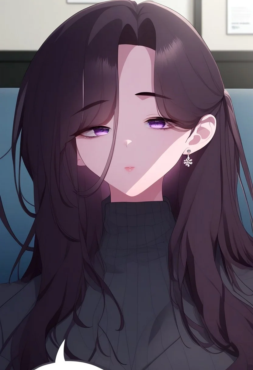 score_9, score_8_up, score_7_up, masterpiece, highly detailed, anime, 2d, source_anime, hwang_ji-ae_(office_menace_alert), long hair, brown hair, solo 1girl, breasts, long hair, jewelry, suit, grey sweater, office lady, OL, looking at viewer, purple eyes, earrings, indoors, office, eyesHD, high definition eyes, half-closed eyes, eyebags