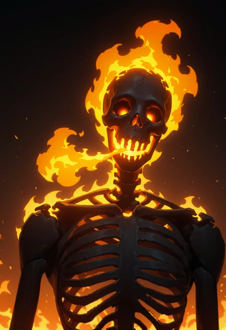 <lora:Infernal_12:1>, solo, 1other, skeleton, silhouette, flaming eyes, fiery hair, fire, burning, breathing fire, looking at viewer, very awa, masterpiece, best quality, highres, absurdres