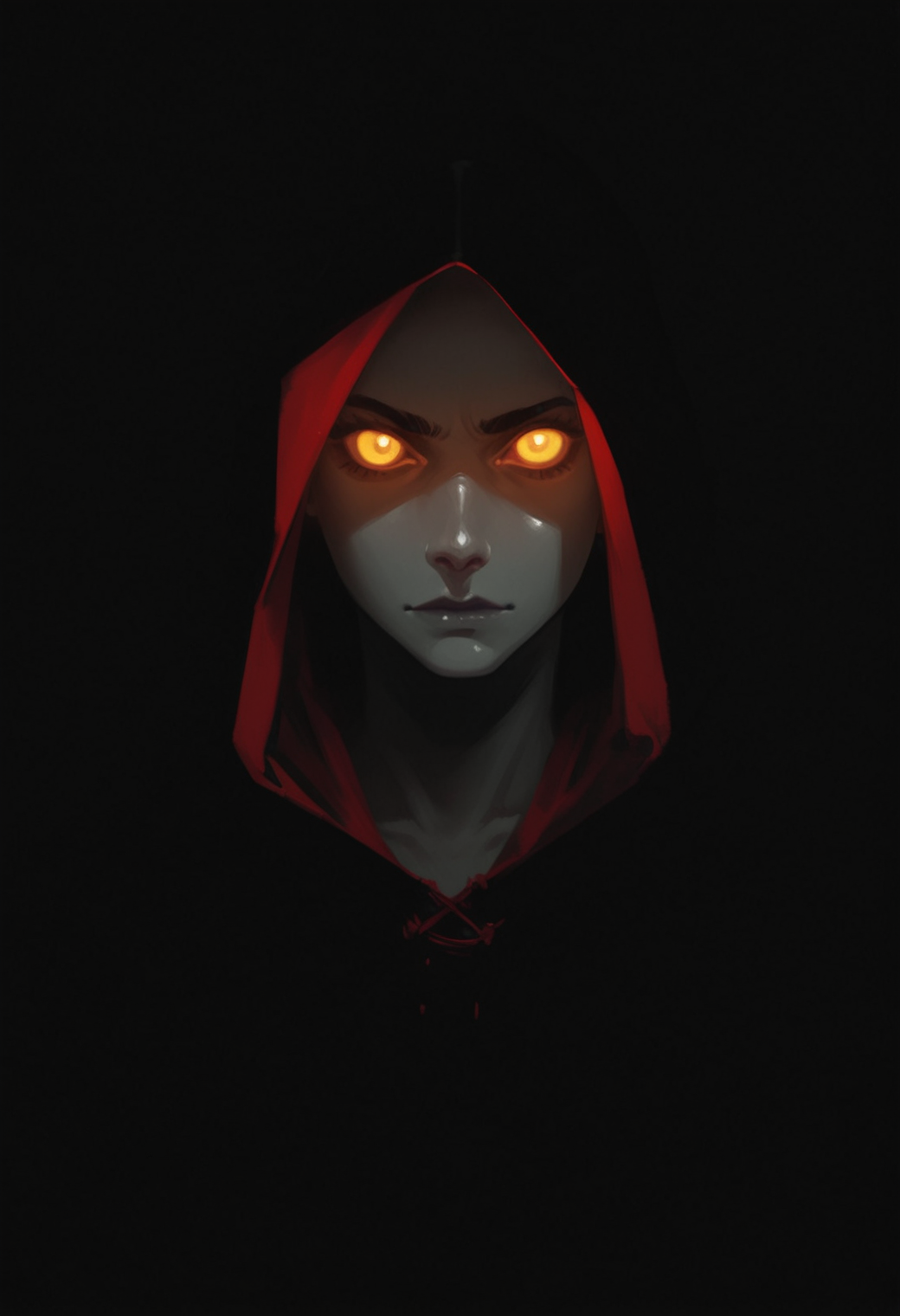 , depth of field,  dynamic lighting, outdoors, , , black background, solo, 1girl, yellow eyes, hood, looking at viewer, colored skin, glowing eyes, hood up, closed mouth, grey skin, glowing, portrait, , darkness, black cloak,  hooded cloak, black skin, zPDXL3, detailxl,  Score_PnyReal, (lineless:1.5)