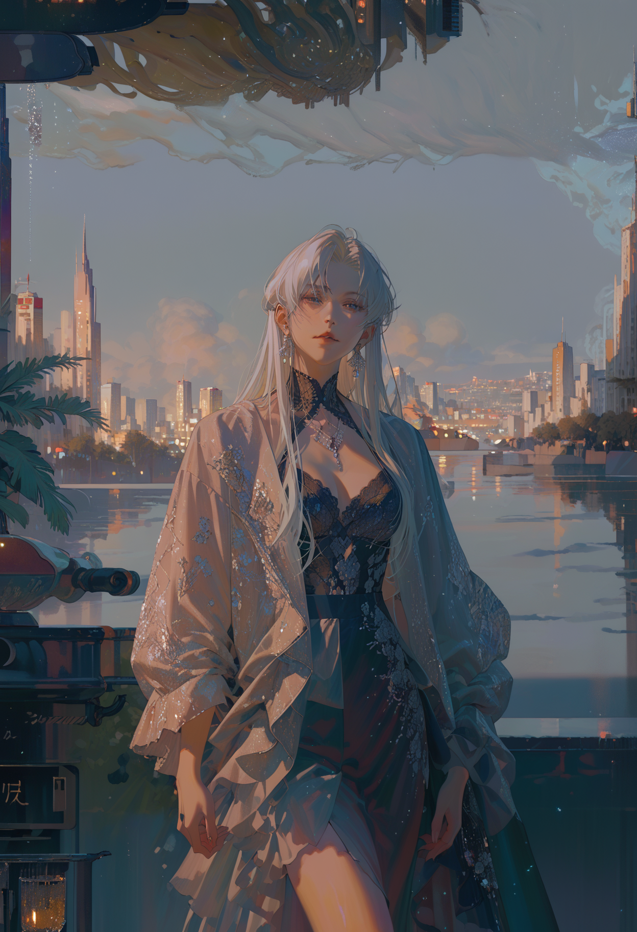 <lora:xdxAKK:0.8>,limited palette,xdx style,cityscape,1girl,long hair,evening_gown,, score_9,score_8_up,score_7_up,source_anime,