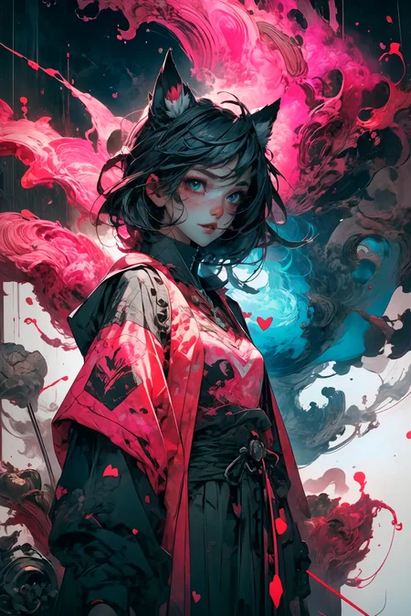 illustration, cartoon, soothing tones, calm colors, (solo:1.1), a digital arf of a undead girl, (pink, heart, love:1.1), wounds, (deathcore:1.2), mistery pink forest, extreme detail, paper texture, 2d, (pascal campion:0.38), vivid colors, (painting art:0.06), [eclectic:clear:0.8], slate atmosphere, cinematic,  muted colors, film grainy, lut
<lora:more_details:0.4>
 <lora:Cosmic anime-oil fusion v2:0.45> 
<lora:AnimeVibesV3:0.3> animevibes, 
<lora:3DMM_V11:0.5> 3DMM 
<lora:midjourney_20230624181825:0.7> midjourney ,
 <lora:LAS:0.5> cloud,colorful,
<lora:msw_locon-t2:0.6>
 <lora:wuxia2:0.6> gu,
 <lora:CyberpunkStyleV1:0.2> PunkAI ,
<lora:CatgirlMaidV1.0-000003:0.35> CatgirlMaid, shiny, shiny hair, shiny skin, shiny clothes