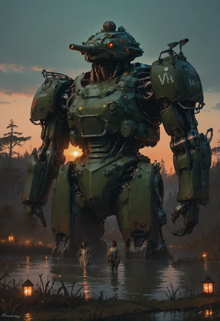 score_9, score_8_up, score_7_up, <lora:MechaForge-000003:1> m3chaf0rge, giant, giant mech, mecha, bipedal mech, science fiction, sunset, tank, military mech, full body, legs, swamp, wetland, people,