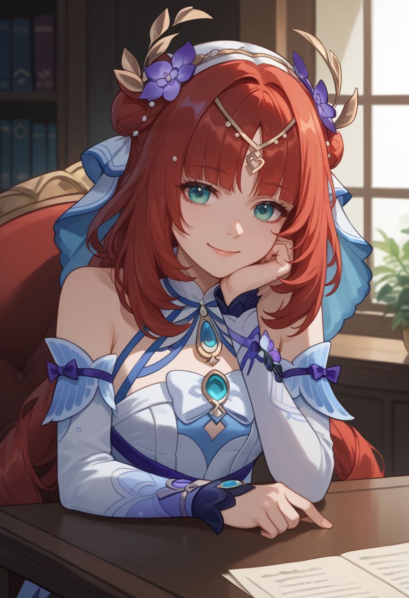 score_9, score_8_up, score_7_up, source_anime, 1girl, nilousabaa, red hair, long hair, aqua eyes, parted bangs, low twintails, medium breasts, hair ornament, hair flower, purple flower, hair bun, fake horns, circlet, white dress, clothing cutout, detached sleeves, bare shoulders, long sleeves, white veil, gem, brooch, blue gemstone, vision \(genshin impact\), sitting, on chair, table, head rest, elbow rest, smile, looking at viewer, indoors, portrait, close-up, upper body, <lora:Nilou_v1-000007:1>