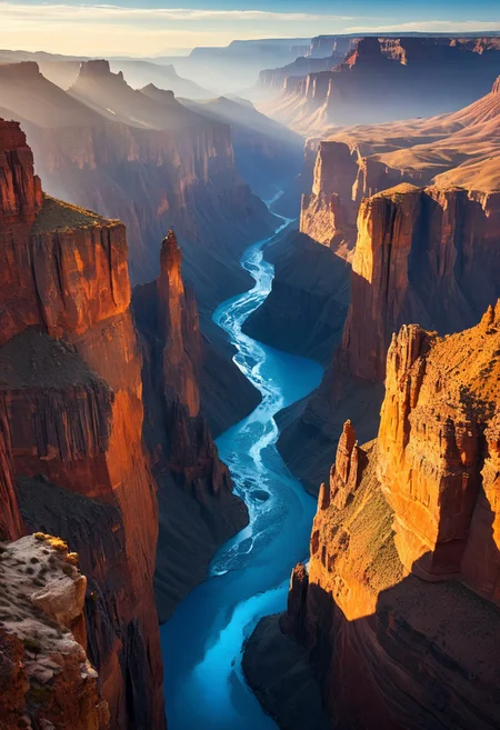 A sweeping aerial perspective revealing a vast, rugged plateau bathed in warm saffron and burnt copper tones. Expansive terrain with intricate textures on weathered rock formations, crystalline waterfalls cascading into a deep canyon, delicate mists weaving through towering spires. Panoramic composition, hyper-detailed 8K quality, cinematic framing, dramatic atmospheric lighting with stark contrasts and soft lens flares. Intricate natural geometry, dynamic interplay of warm glows and cool blue accents, vivid color palette, surreal clarity, masterpiece level resolution, majestic high altitude view of expansive, vibrant natural wonder.