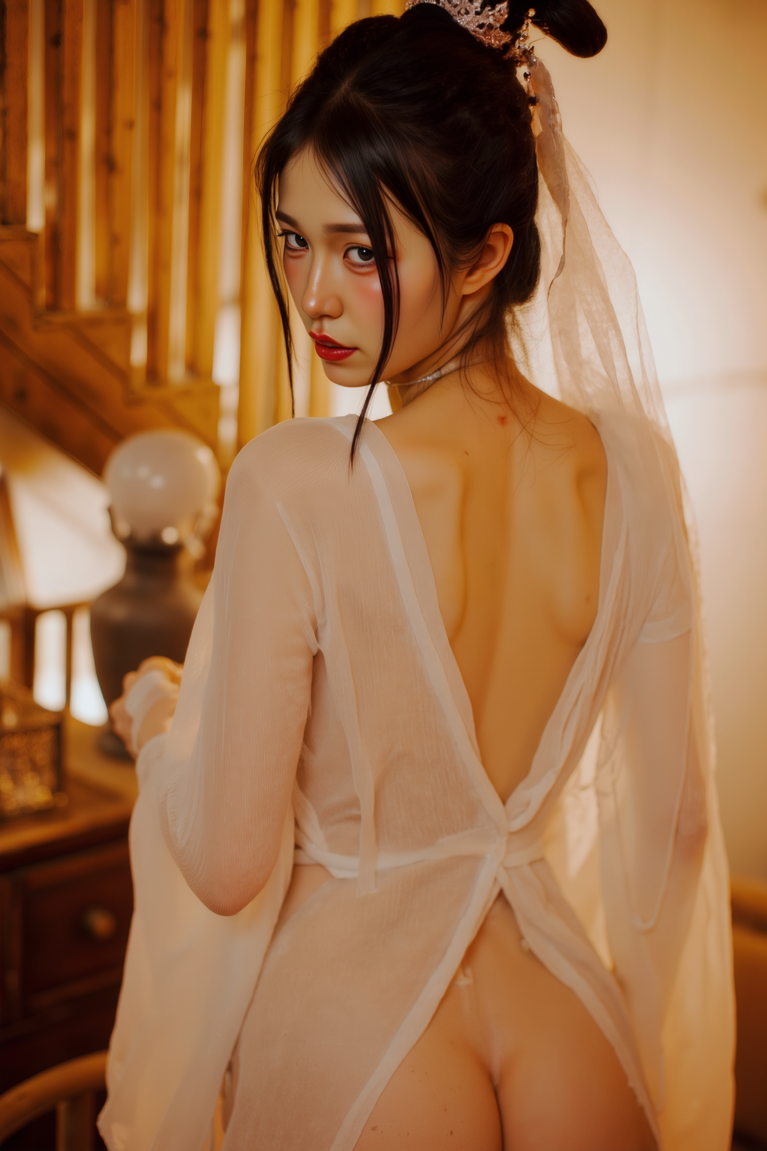 A professional high-resolution photograph of a young woman standing gracefully with her back slightly toward the camera, turning her head gently to look over her shoulder with a soft, confident gaze. Her weight shifts subtly onto one hip, highlighting her natural curves and elegant silhouette. Soft lighting emphasizes her poised expression and form.

She is wearing a white SGWN58Clothing. Her makeup is dramatic, with dark eyeliner and bold, glossy pink lips. 

The lighting features a high-contrast, monochromatic white color scheme that creates a moody, intimate atmosphere. 

The photography technique uses what appears to be soft lighting to create a glamorous effect, with careful attention to highlighting contours while maintaining the dominant light brown color scheme throughout the frame.

The overall aesthetic combines elements of fashion photography, traditional Asian visual motifs, and contemporary boudoir styling. The dramatic light brown lighting creates a cohesive visual theme that ties all elements of the composition together.

The white light emit on her to show her feature.