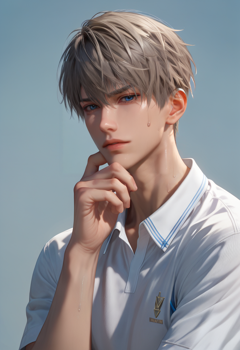 score_9,score_8_up,score_7_up,1boy,solo,yaoi,bara,male focus,fairly nsfw,uncersored,highres,best quality,amazing quality,best aesthetic,absurdres,<lora:add-detail-xl:1>,<lora:Expressive_H:1>,Expressiveh,male focus,<lora:xavier_r1:0.4>,xavier,short hair,blue eyes,grey hair,tennis_uniform,standing,holding hat,looking at viewer,sweat,parted lips,