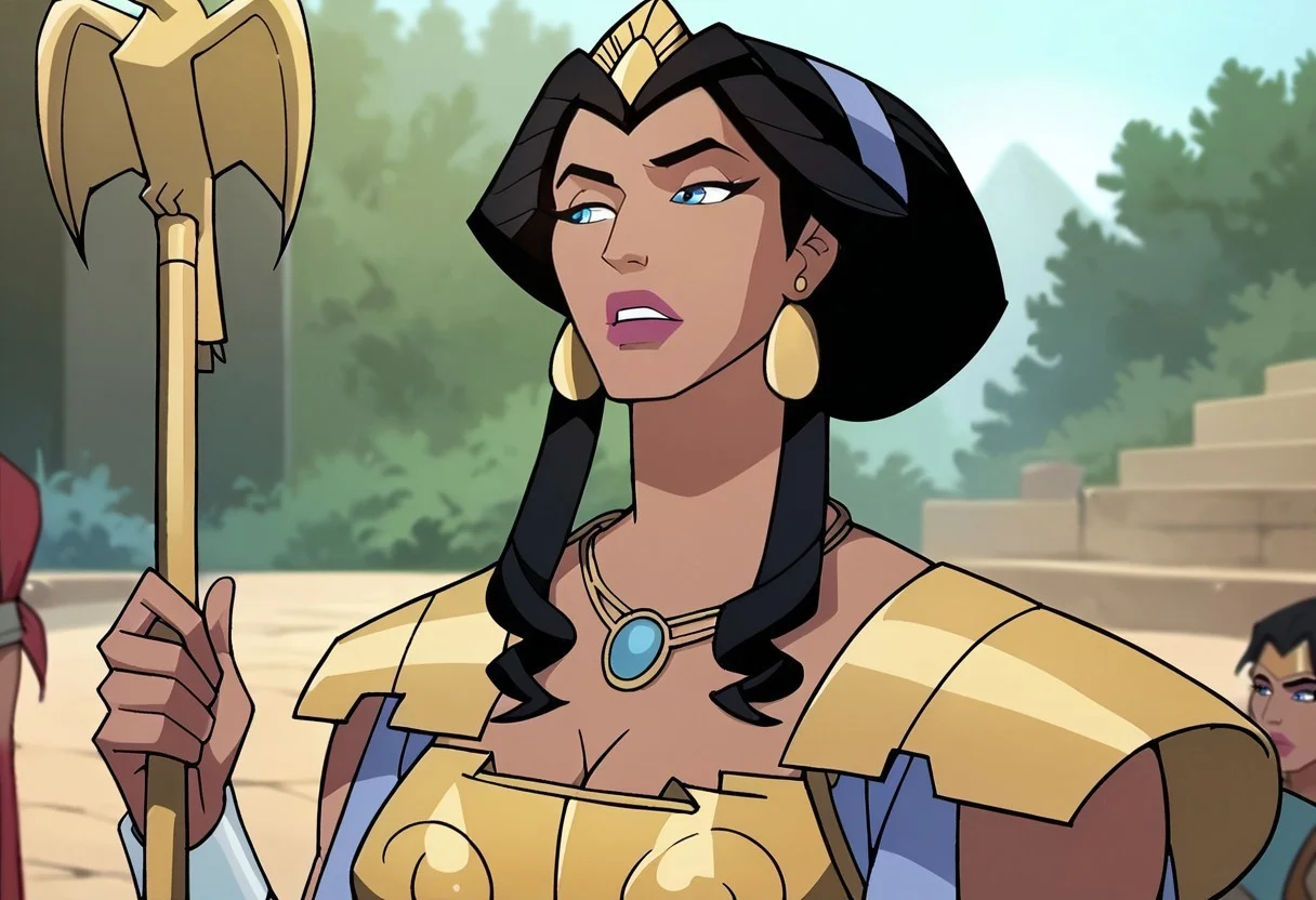safe_pos, safe_pos, score_9, score_8_up, score_7_up, hippolyta, long hair, blue eyes, black hair, makeup, lipstick, jewelry, earrings, necklace, crown, tiara, 1staff, big breast, cleavage, outdoors, tropical island, 1woman, defined, best quality, hair loose, armor, warrior armor, Greek armor