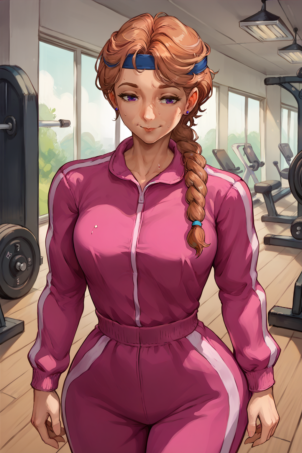 score_9, score_8_up, score_7_up, BREAK 1girl, solo  <lora:NSJodiStardew:1> NSJodiStardew, light brown hair, purple eyes, single braid, stud earrings, mature, make-up, pink tracksuit, blue headband, sweaty, tired, indoors, gym, slight smile, cowboy shot