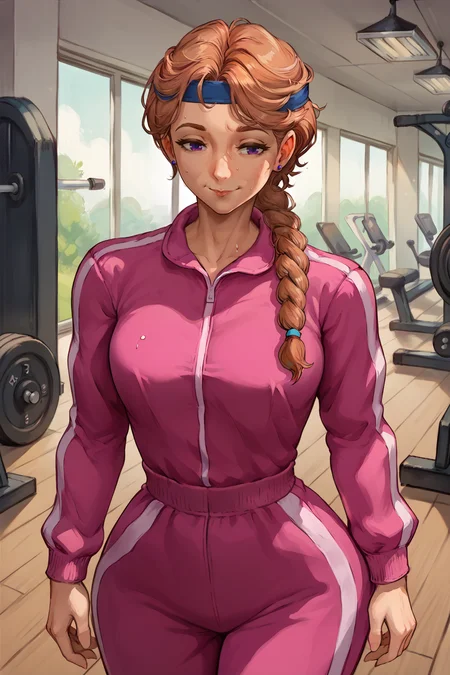score_9, score_8_up, score_7_up, BREAK 1girl, solo <lora:NSJodiStardew:1> NSJodiStardew, light brown hair, purple eyes, single braid, stud earrings, mature, make-up, pink tracksuit, blue headband, sweaty, tired, indoors, gym, slight smile, cowboy shot