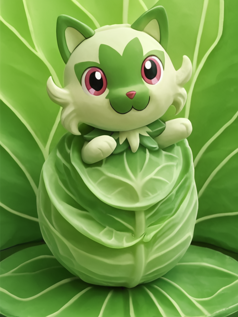 cabbage, cjdl, <lora:VegetableCabbage-PonyP-PAseer:0.95> green, (plant:1.2), (Sprigatito made of cabbage:1.2), elaborate, (cinematic composition, ultra realistic:1.2), (masterpiece:1.1), best quality, intricate, extremely detailed, intricate, detailed background, OverallDetailXL, safe_pos <lora:POKEMON_CATERPIE:0.8> caterpie, pokémon_/(creature/), no humans