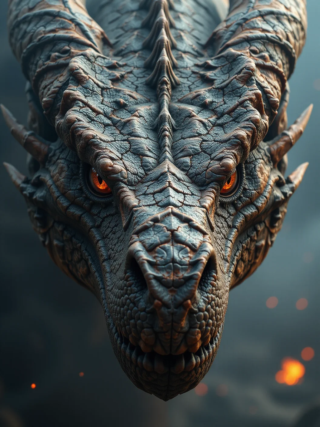 Ultra-photorealistic closeup of an ancient dragon's face, its massive, weathered scales cracked and scarred from millennia of battle. The dragon’s piercing, glowing eyes hold a wisdom and power beyond time, flickering with a faint ember-like glow. The surface of its skin is intricately detailed, with fine textures where the scales meet, some glinting in the soft light. Haze surrounds the scene, softening the edges of its enormous, ridged snout and the sharp contours of its horns, which curve back in a majestic display of age and strength. The background is a cinematic blur of smoke and mist, with faint glows of orange light from distant flames, enhancing the dragon’s ancient, mystical aura.