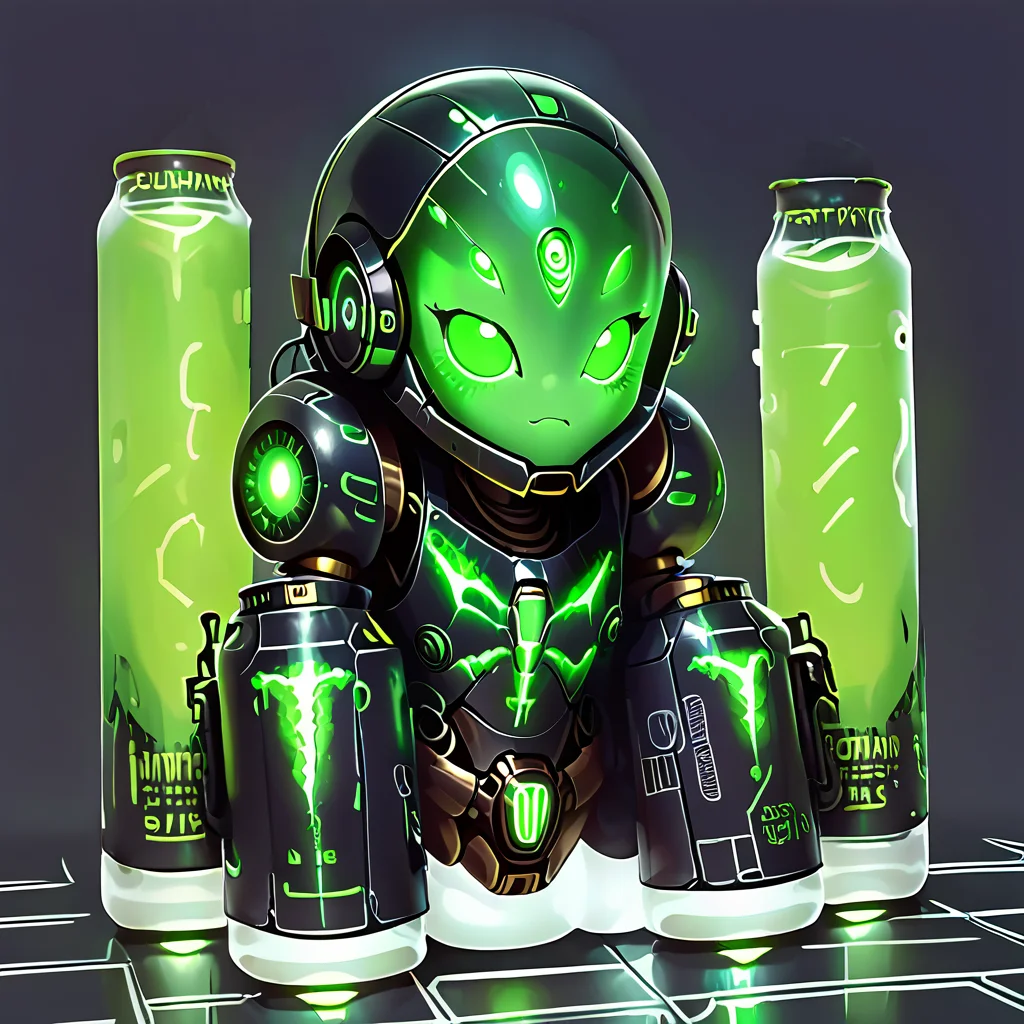 score_9, score_8_up, score_7_up, <lora:MonsterNitroPony:0.6>,NitroEnergy,solo,giant robot made out of cans,green style, <lora:LowKeyLightsPony:0.5> LowKeyLights <lora:StellarisPony:0.4> stellaris,machine,robot,helmet,wide body,multiple legs,spider machine legs,weapons made out of can,bottle face,glowing helmet