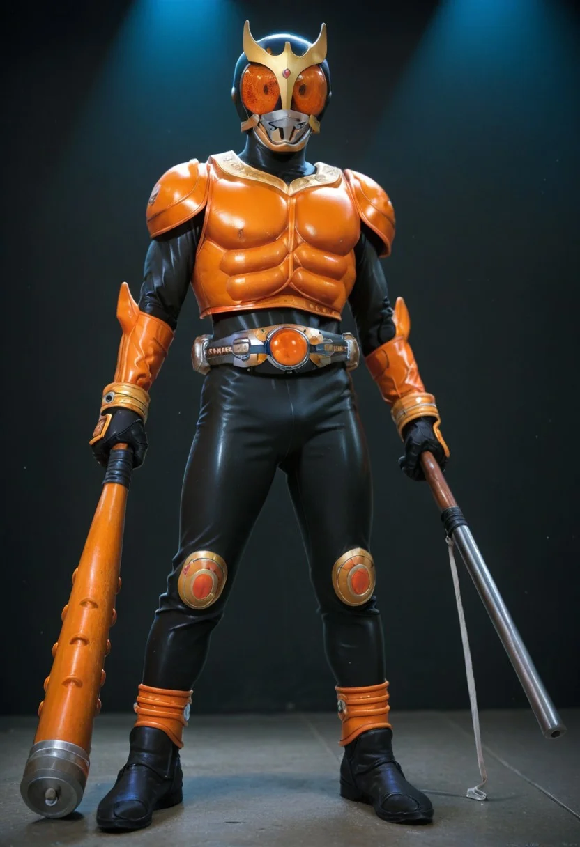 score_9, score_8, score_7, full body, solo, Orange armor, black bodysuit, Orange eyes, club /(weapon/), holding club /(weapon/), helmet, tokusatsu, belt