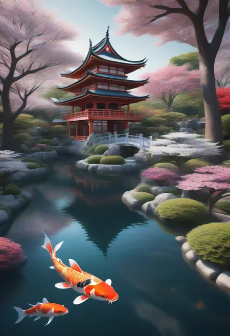realistic Fractangles photo, crown,Prompt
A serene Japanese garden with cherry blossoms in full bloom and a koi pond.