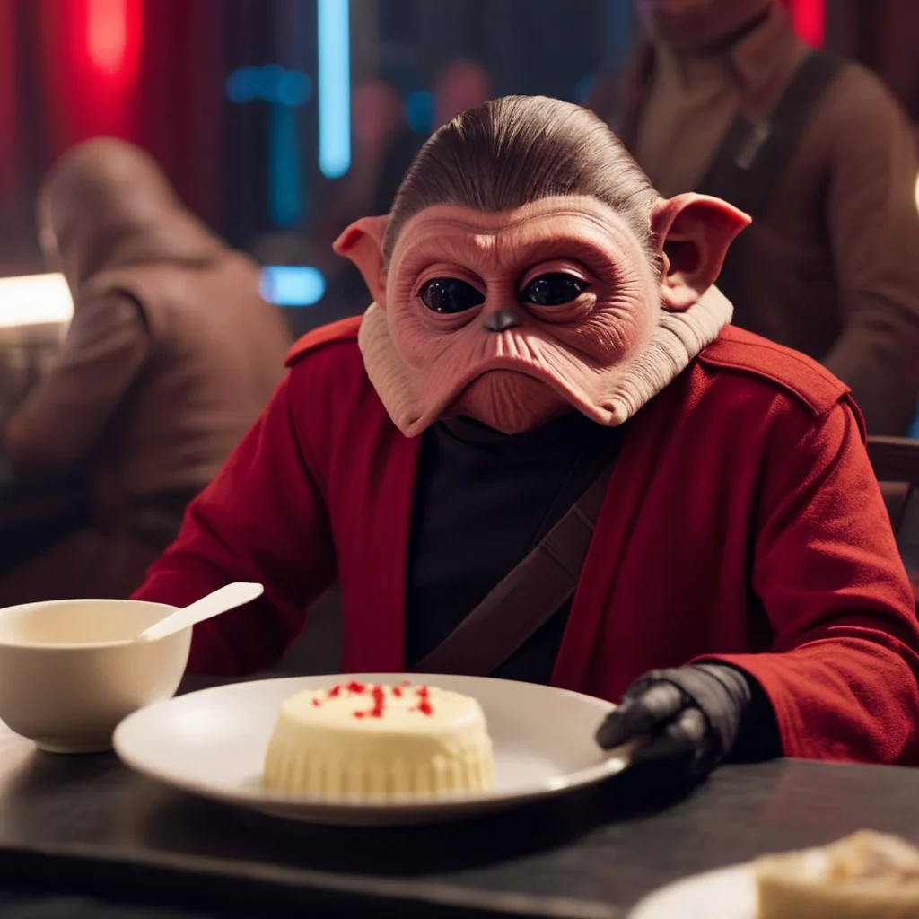 cinematic film still of <lora:Nien Nunb:1.2>
Nien Nunb a person in a red shirt sitting in dinner eating a cake in star wars universe, shallow depth of field, vignette, highly detailed, high budget, bokeh, cinemascope, moody, epic, gorgeous, film grain, grainy