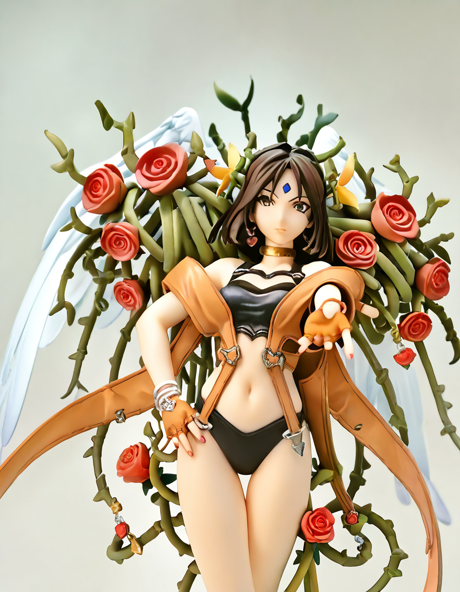 score_9, score_8_up, score_7_up, score_6_up, score_5_up, score_4_up, source_anime,  , Peorth, looking at viewer, gloves, navel, holding, jewelry, swimsuit, flower, wings, choker, midriff, fingerless gloves, nail polish, bracelet, hand on hip, rose, thigh gap, plant, outstretched arm, red flower, pink nails, red rose, vines, thorns