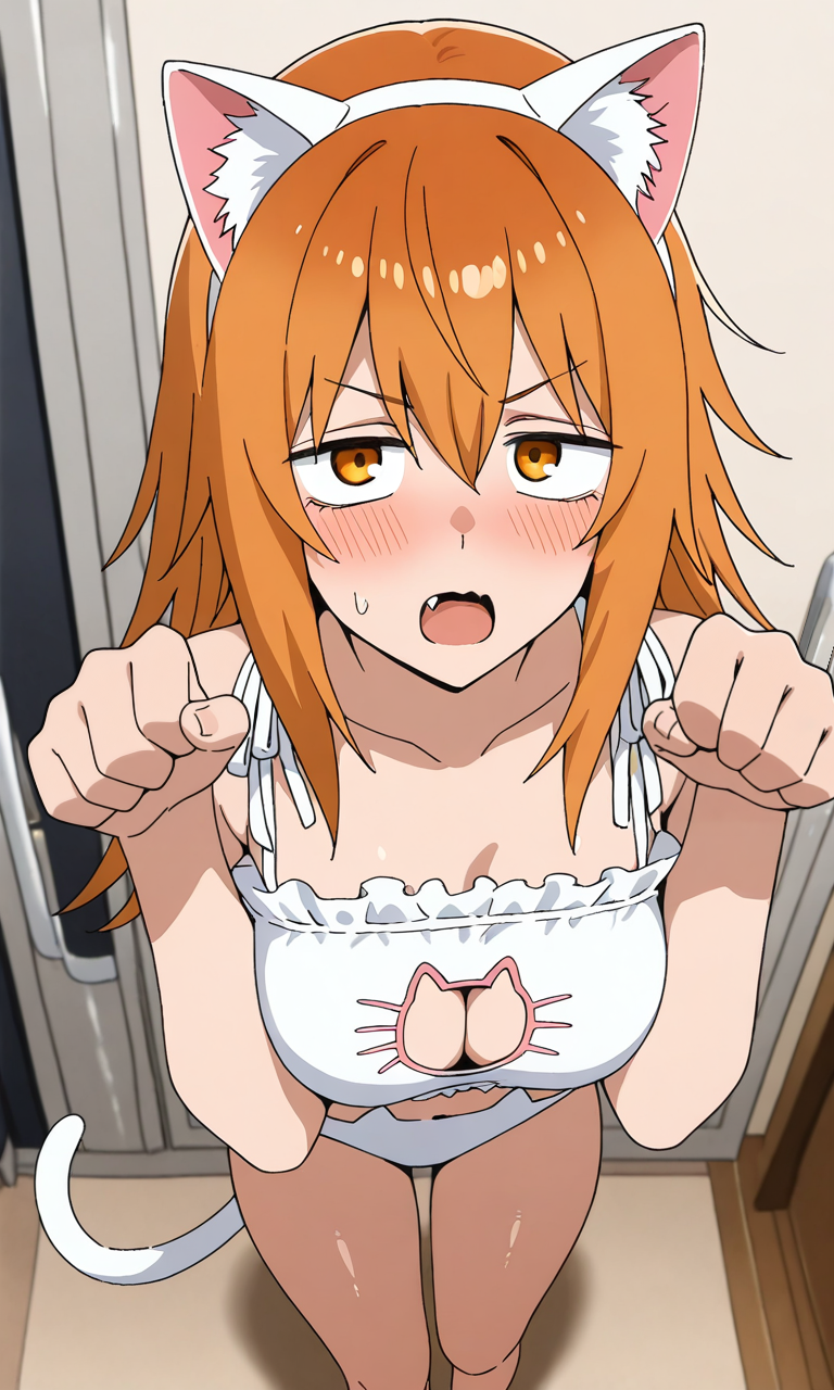 masterpiece, best quality, high resolution, absurdres, solo, 1girl, gamou_maki, orange_eyes, orange_hair, long_hair, hair_between_eyes, medium_breasts, cat_ears, fake_animal_ears, cat_tail, cat_lingerie, paw_pose, fang, open_mouth, indoors, looking_at_viewer,