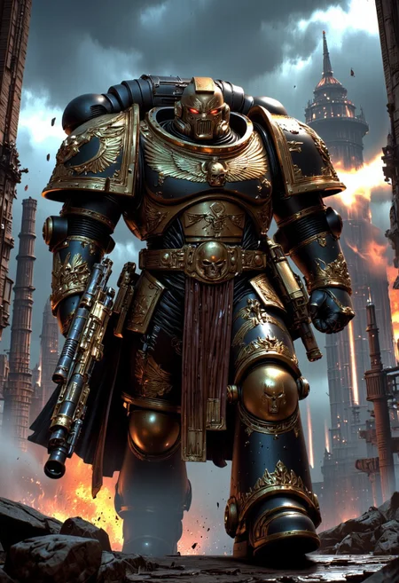 (score_9, score_8_up), score_7_up, <lora:PonyAlphaL40k:1> AlphaL40k, wearing power armor, holding a rifles, helmet, cape on his back, A hulking Armor Warrior, inspired by the might of a Space Marine, strides through a smog-choked industrial dystopia. Clad in a fusion of ornate Victorian armor and an industrial-powered exoskeleton, the warrior exudes a blend of old-world grandeur and brutal efficiency. Behind, an industrial city looms—towering smokestacks and crumbling Victorian structures stretch into the stormy sky. Massive iron machines belch smoke as lightning dances among the clouds. The Armor Warrior stands as a sentinel of this dystopian world, embodying the brutal union of flesh, machine, and divine power in a time when technology and the gods are inseparable.