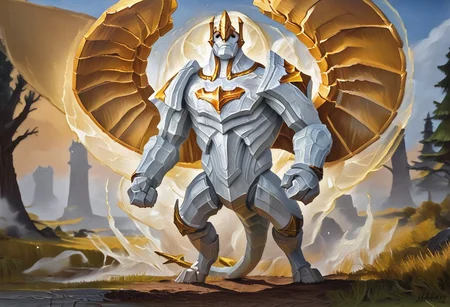zPDXL3, score_7_up, score_8_up, 2d, oil painting, traditional media, realistic,
BREAK,
galio, solo, no humans, wings, tail, clenched hands, white body, gold trim, wings, empty eyes, tail, (looking up), outdoors, detailed background, windy, flowing energy exploding in gold light,
