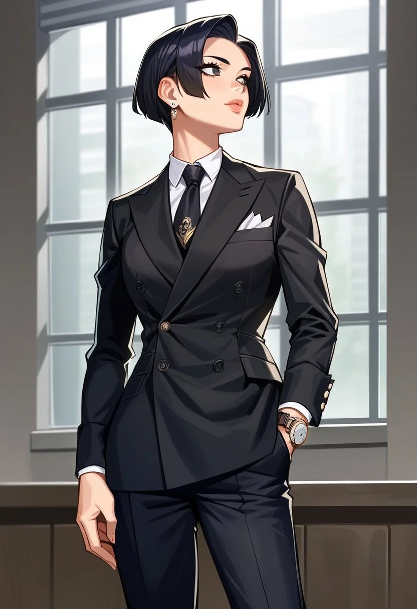score_9, score_8_up, score_7_up, source_anime, hi res, masterpiece, best quality, highres, double-breasted suits, 1girl, solo, black hair, formal, jewelry, suit, necktie, earrings, pants, jacket, shirt, standing, hand in pocket, short hair, window, black eyes, watch, black jacket, wristwatch, white shirt, lips