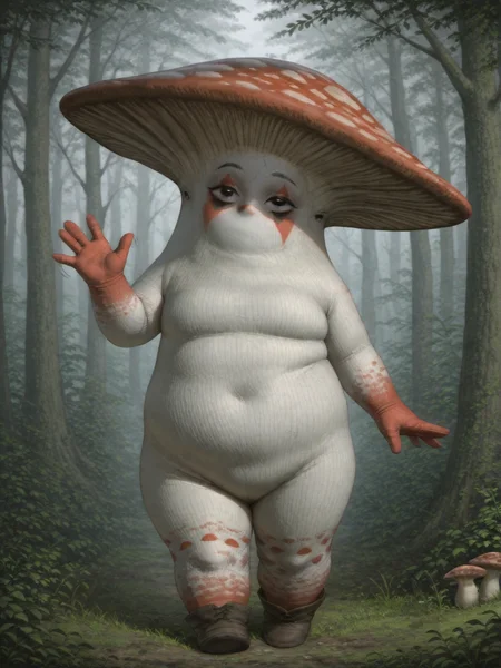 Clown,Mushroom_parent, plant_humanoid, mushroom, mouthless,solo,trees, painted face,waving,<lora:Mushroom Parent:0.8>,<lora:clown:1.0>