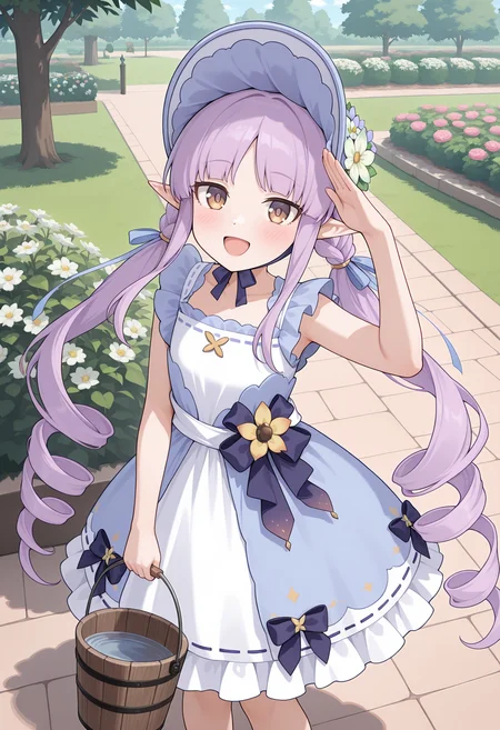 highres, best quality, masterpiece,
1girl, solo, blush,
garden, outdoors, pcrkyoka, purple hair, long hair, elf, twintails, ringlets, brown eyes, kyokaspr, low twintails, twin braids, bonnet, two-tone dress, white dress, blue dress, ribbon-trimmed dress, flower, blue ribbon, white flower, ribbon trim, white sash, dress bow, sleeveless, frills, salute, smile, open mouth, looking at viewer, holding bucket, standing, <lora:_kyouka_pcr-elesico-ilxlC:1>