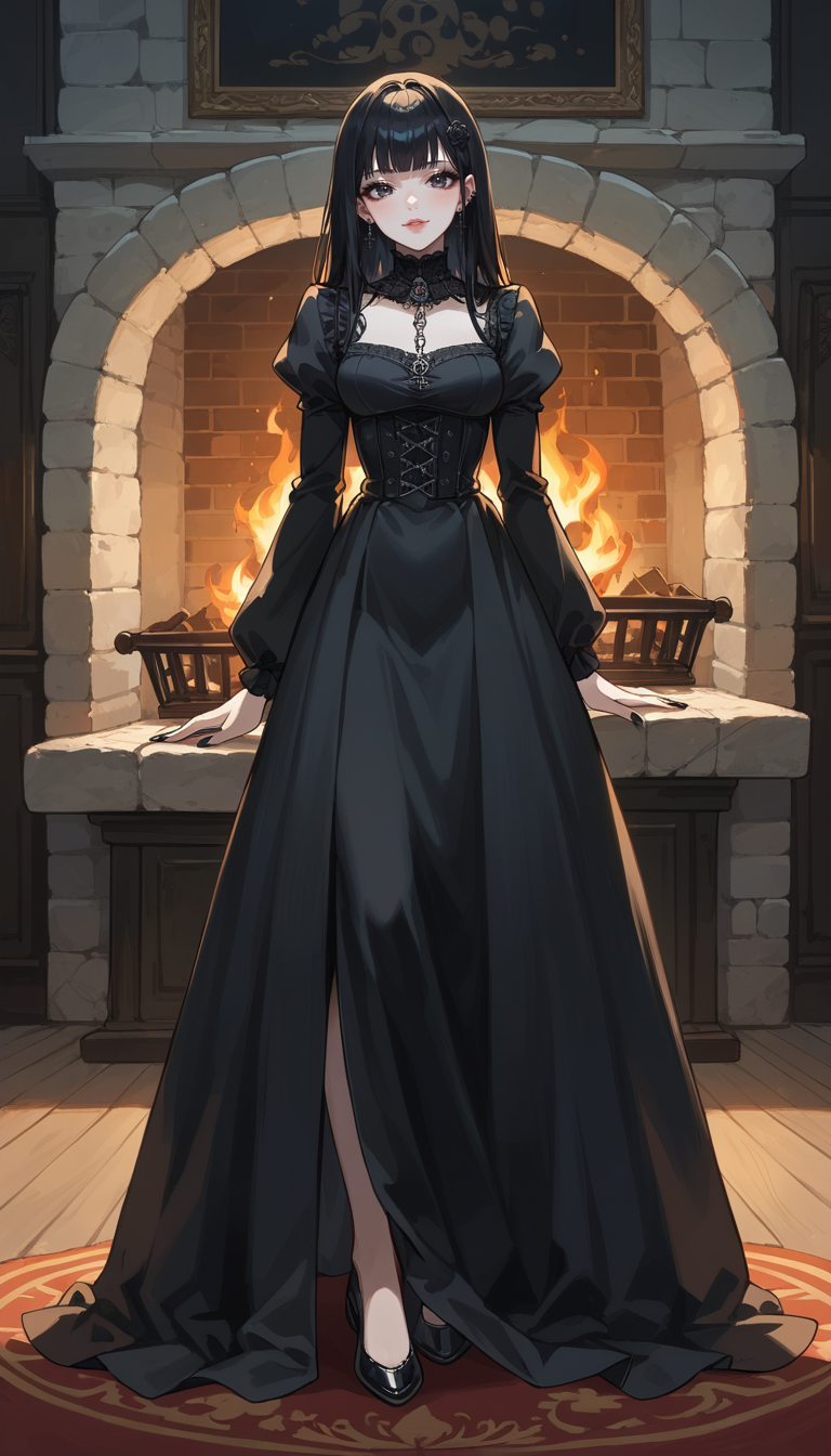 score_9, score_8_up, score_7_up, Anime Style, Full Body Shot, girl, gothic, cute, seductive, innocent, light smile:0.3, plump lips, slender body, pale skin, long straight black hair, bangs, black goth dress, medieval theme, fire in the fireplace background, depth of field, dynamic angle, fashion photography, sharp, hyperdetailed:1.15