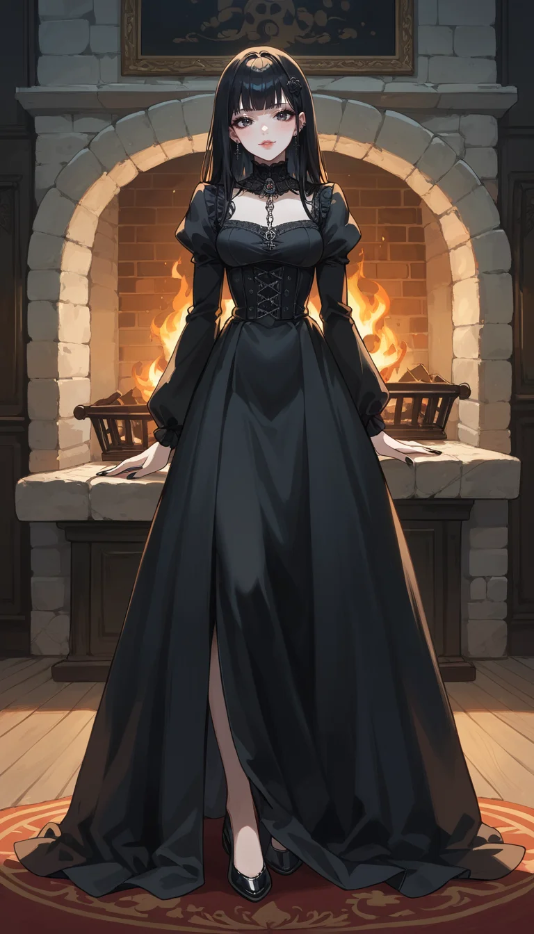 score_9, score_8_up, score_7_up, Anime Style, Full Body Shot, girl, gothic, cute, seductive, innocent, light smile:0.3, plump lips, slender body, pale skin, long straight black hair, bangs, black goth dress, medieval theme, fire in the fireplace background, depth of field, dynamic angle, fashion photography, sharp, hyperdetailed:1.15