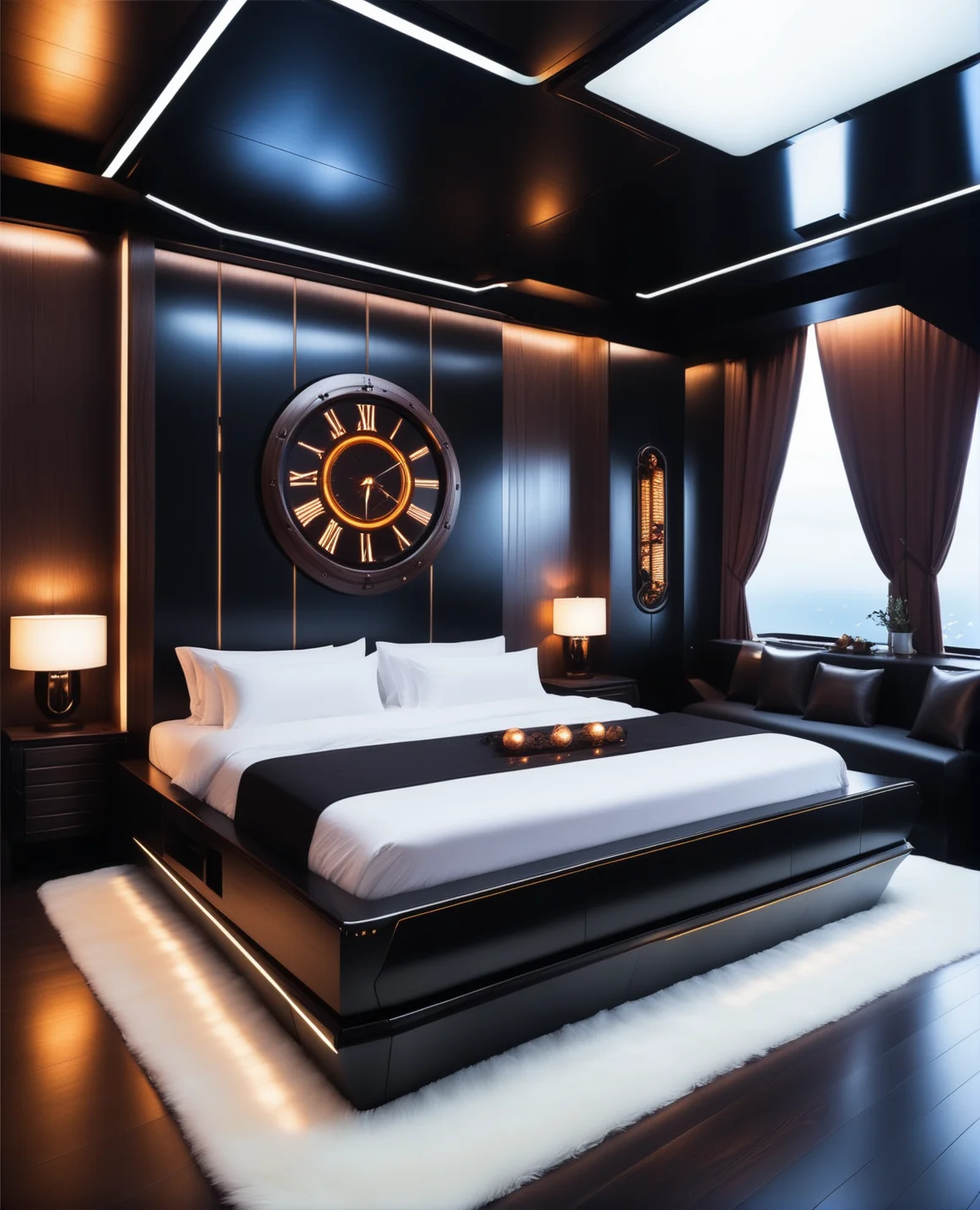 masterpiece, high quality, a reij-ebsu bed room, retro sci fi steampunk sunrise, ebony wood <lora:ebony sunset-000001:0.9>