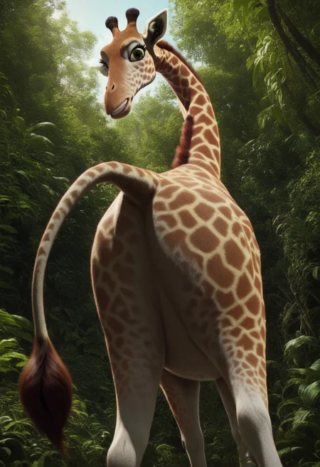 bridget (the wild), 1girl, female giraffe, feral, two-toned fur, cream fur, orange spots, green eyes, eyelashes, long neck, long legs, score_9_up, score_8_up, score_7_up, looking at viewer, looking back, teeth, smirk, from below, from behind, ass focus, ultra detailed, detailed background, jungle background, masterpiece, best quality, 8k, realistic, 3d, low-angle shot, ass closeup, cowboy shot